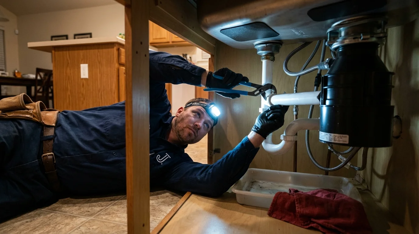 P-trap and supply line connections under a kitchen sink showing a common leak point in Melissa, TX